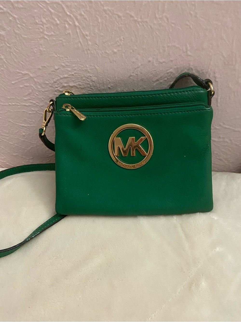 Michael Kors Green Leather double zipper MK Logo Crossbody
